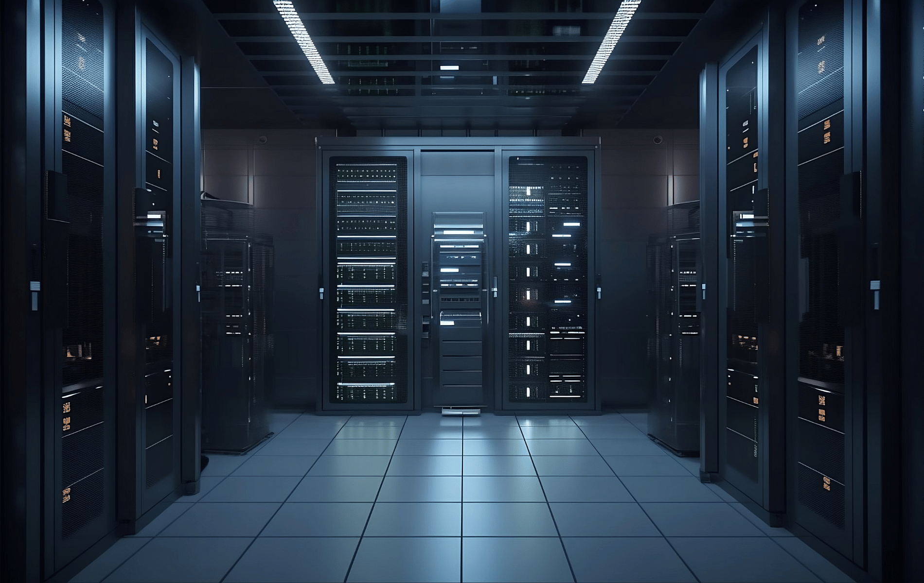 Data center server room with rows of server racks Data center server room with rows of server racks